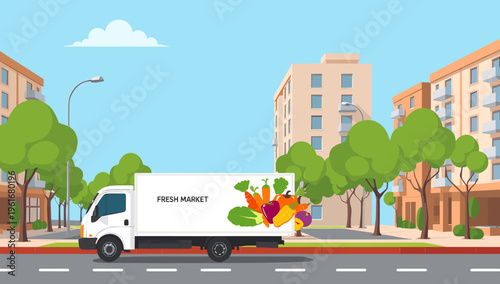 A bright and cheerful illustration depicting a delivery van parked along a tree-lined street, ideal for logistics, transportation, or small business m