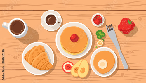 A cozy and inviting flat lay featuring pancakes and coffee, evoking a sense of peaceful mornings and simple pleasures. Ideal for breakfast-related con