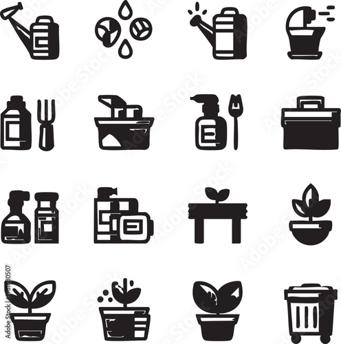 Gardening tools and supplies vector icons set - watering can, seeds, plants, and more eps silhouette
