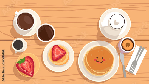 A vibrant and inviting flat lay featuring a strawberry and coffee. Perfect for illustrating breakfast concepts, food blogs, or promoting a relaxed, co