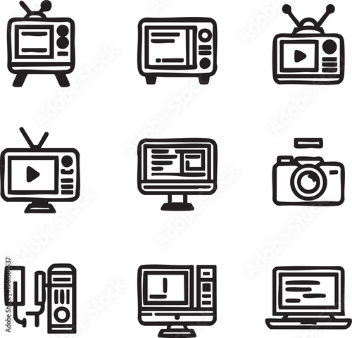 Electronics devices vector icons: television, computer, camera, phone eps silhouette