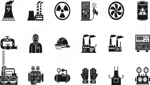 Industrial nuclear power plant safety icons set featuring radiation symbols, protective equipment, factory infrastructure, machinery, ventilation systems, 