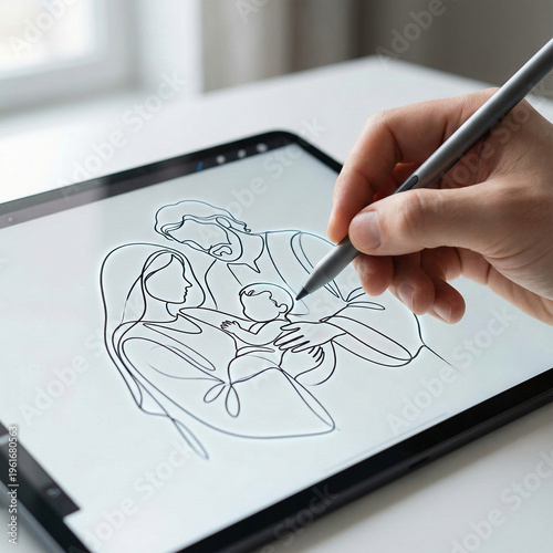 A hand using a digital pen to draw a continuous one-line Bible scene of the holy family copy