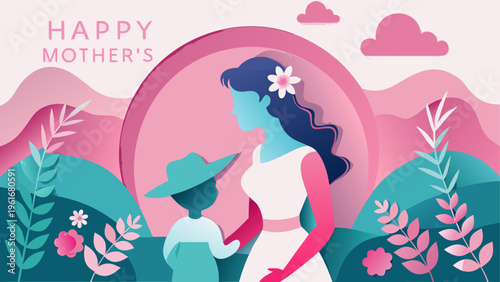 Mother and child in a garden with flowers