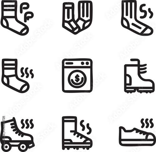 Laundry & smelly clothes icon set: socks, shoes, washing machine vector eps silhouette