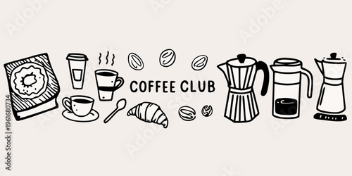 A hand drawn collection of coffee pastries and brewing equipment