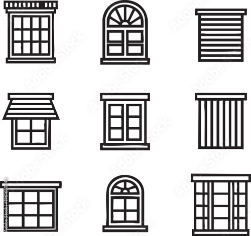 Window icon vector set: architectural window designs, window blinds, and window frames eps silhouette