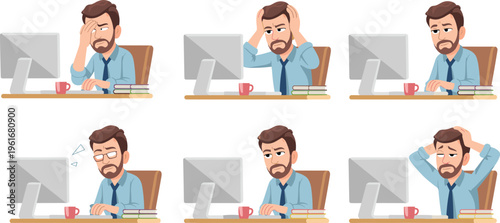 Stressed businessman character set sitting at office desk feeling tired exhausted and frustrated with computer work flat vector illustration isolated on white.
