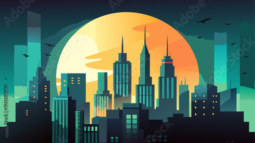 A city skyline with skyscrapers and a large sun