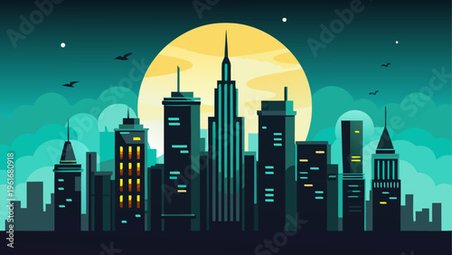 A city skyline at night with a large moon