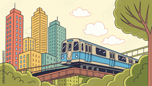 A blue and tan train traveling over a city