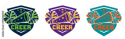Cheerleading Logo Vector Set - Megaphone and Pom Poms Sports Emblems in Multiple Colors for Squads and Teams
