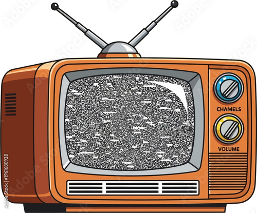 A retro orange television set with rabbit-ear antennas displaying static on its screen, featuring channel and volume knobs.