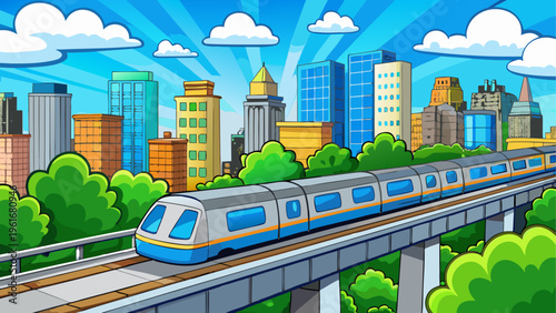 A train travels on an elevated track through a city