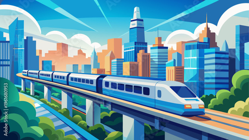 A train traveling on a track over a city