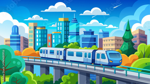 A train traveling on a bridge over a city