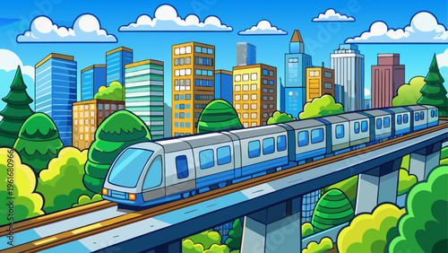 A silver train traveling on a bridge over a city