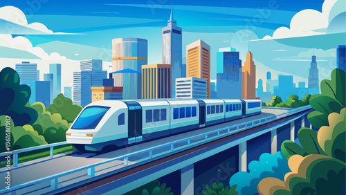 A white train traveling on a track through a city