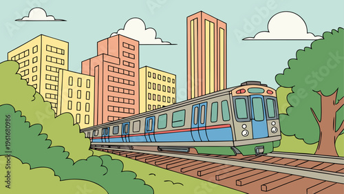 A train traveling through a city with tall buildings