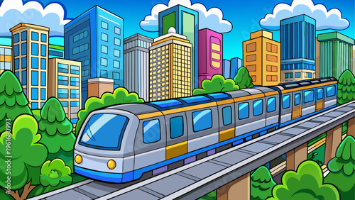 A train traveling on a track through a city