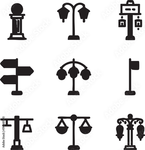 Vector icons: street lights, signs, and symbols - black and white graphics eps silhouette