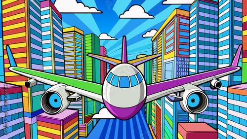A colorful airplane flying over a city