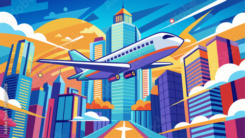 Airplane flying over a city skyline at sunset