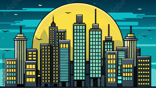 A city skyline at night with a large moon