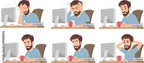 Stressed businessman character set sitting at office desk feeling tired exhausted and frustrated with computer work flat vector illustration isolated on white