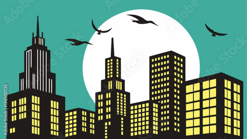 A city skyline at night with birds flying overhead