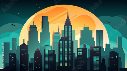 A city skyline at sunset with a large orange sun