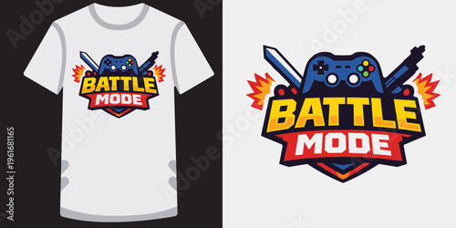 Colorful retro gaming tshirt design featuring vibrant battle mode emblem with video game controller and swords illustration perfect for gamers and esports fans