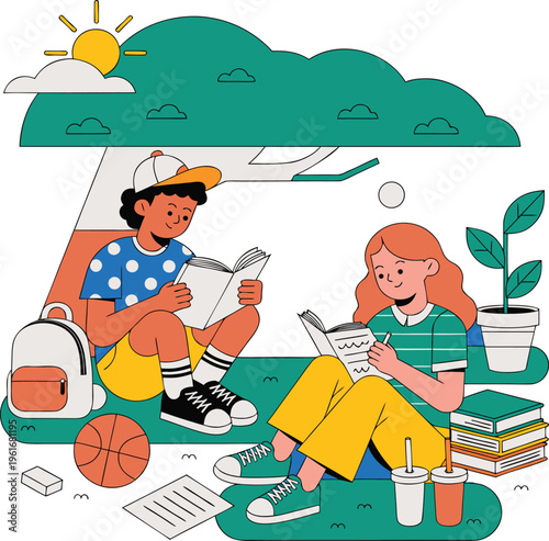 Two friends relaxing and enjoying leisure time in a park