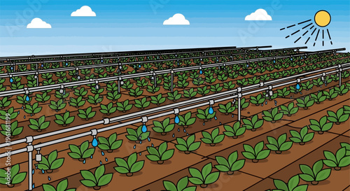 A vast agricultural field with rows of green plants being irrigated by a solar-powered drip irrigation system under a sunny sky.