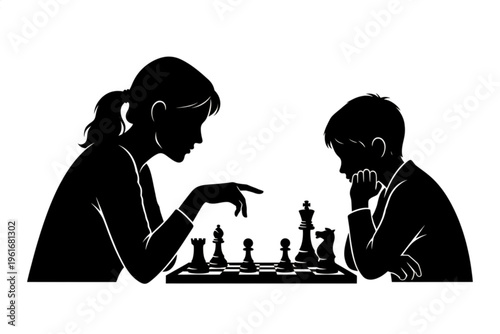 Chess Game Silhouette: A strategic moment captured in a silhouette, as a young person engages in a deep game of chess. The scene evokes focus, intellect, and the timeless challenge of the game.