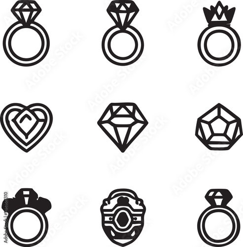Diamond ring vector icons: engagement rings, gemstones, jewelry graphics eps silhouette