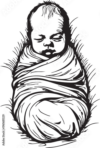 Newborn baby swaddled vector illustration - black and white clip art eps silhouette