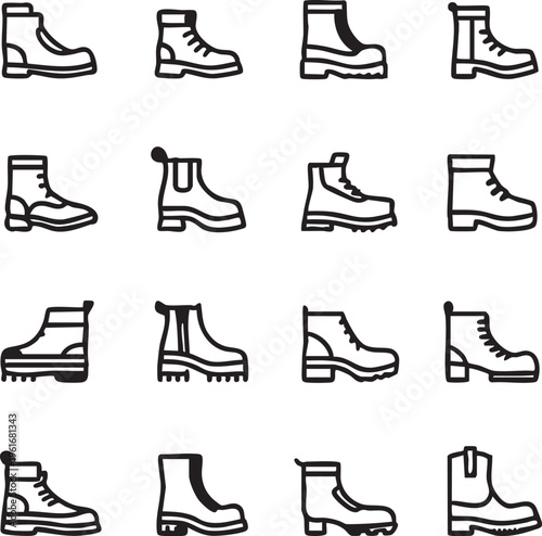 Vector boots icon set: black and white outline shoe illustrations eps silhouette