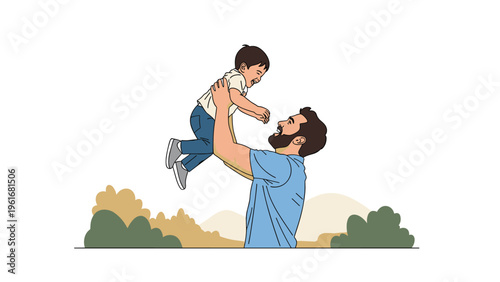Joyful father lifts his young son high into the air while playing together in a beautiful outdoor park or garden on a sunny afternoon day.