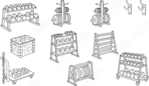 Professional gym equipment storage racks and holders for organizing dumbbells, kettlebells, weight plates, and fitness accessories in commercial or home workout spaces