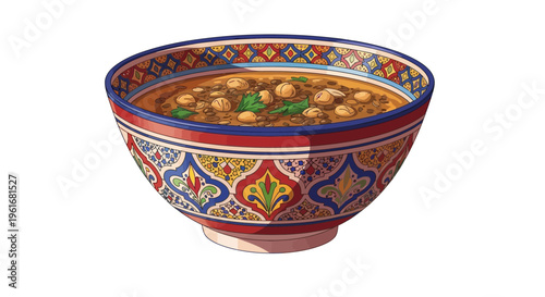 Authentic Moroccan Harira soup in a decorative bowl, isolated on white