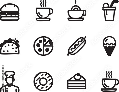 Food icon vector set: burger, pizza, coffee, taco, donut, and more eps silhouette