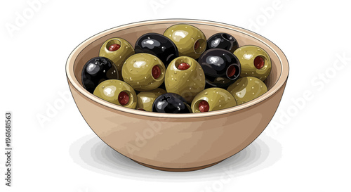 Bowl of Pitted Green and Black Olives with Red Peppers