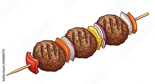 Grilled Meatball Skewer with Vegetables on White Background