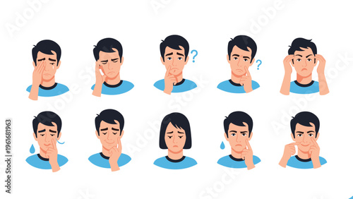 Series of illustrations shows various facial expressions of a man related to thinking, confusion, and realization about a difficult problem.