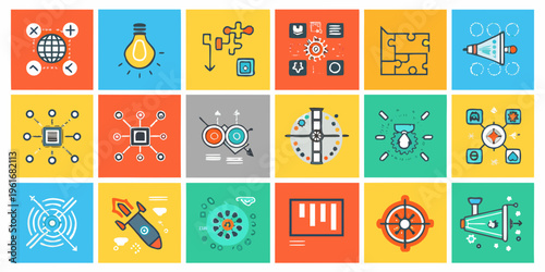 Colorful flat design icons representing innovation strategy and modern concepts