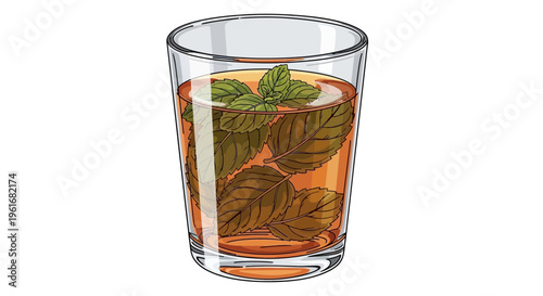 Refreshing iced tea with mint leaves in a clear glass, isolated on white