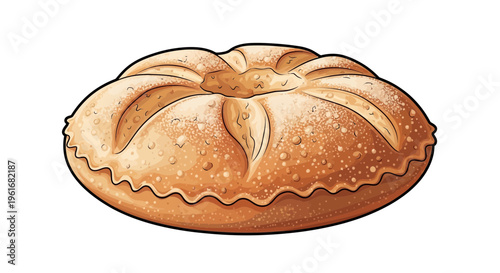 Round artisan bread with decorative crust and scoring, isolated on white background