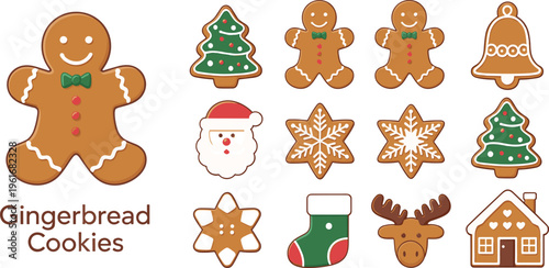 Set of cute Christmas gingerbread cookies vector illustration featuring gingerbread man Santa Claus reindeer snowflakes and festive holiday treats isolated on white.