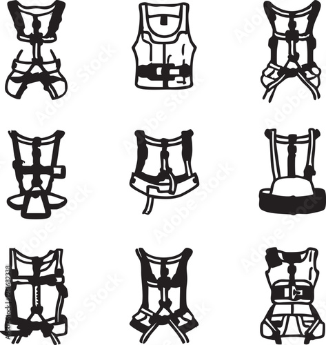 Safety harness vector set: climbing, construction, fall protection gear eps silhouette